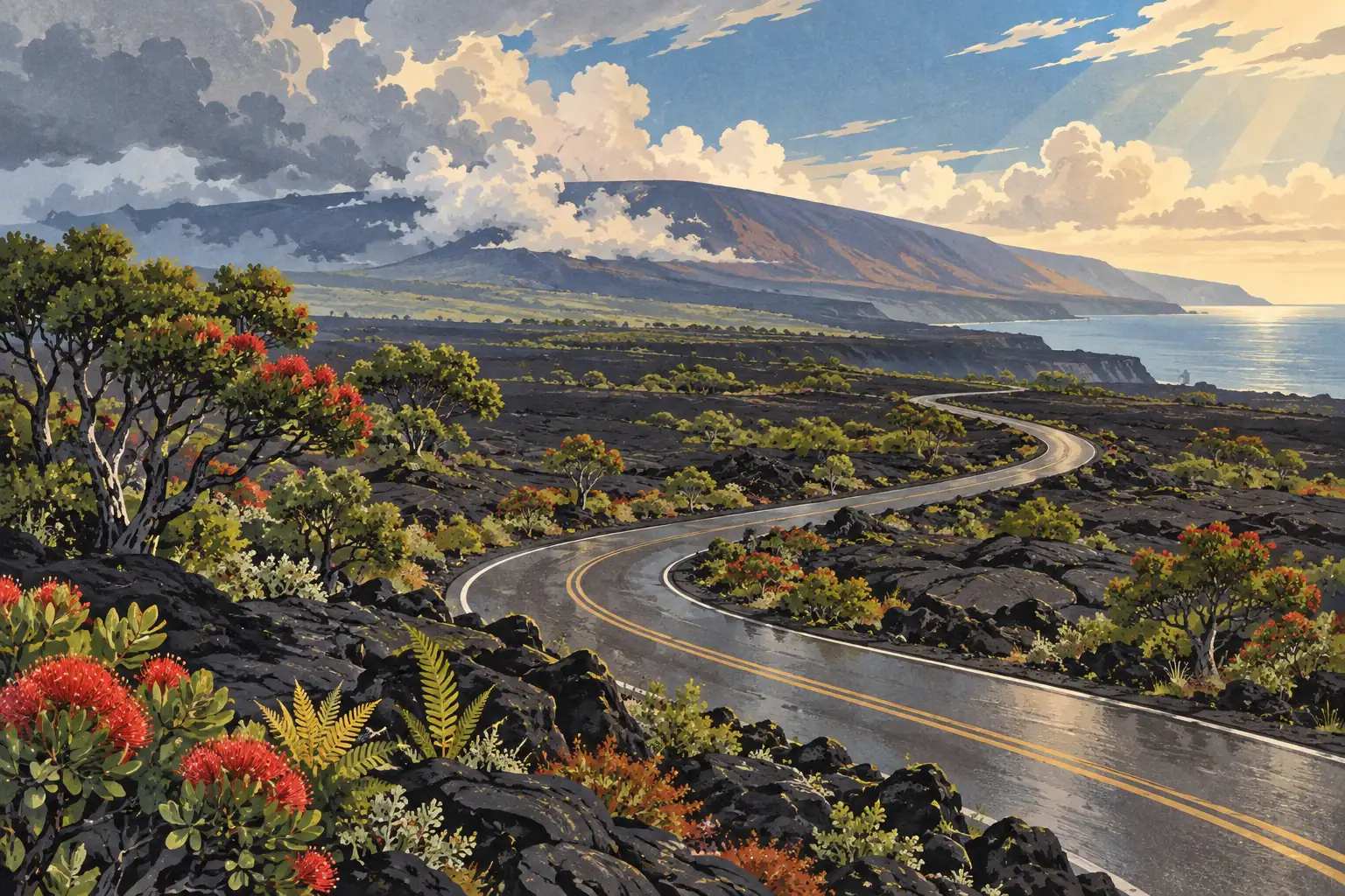 Route sinueuse à travers un champ de lave fleuri, avec un volcan fumant, l’océan et des rayons de soleil