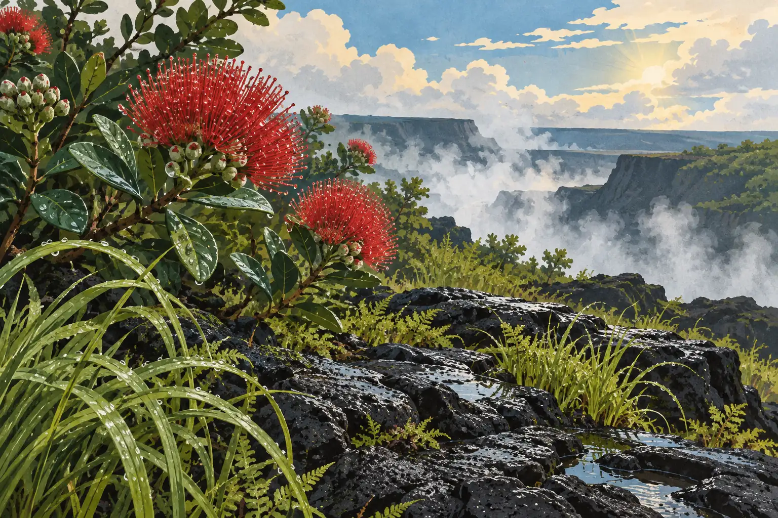 Fleurs rouges et feuillage humide au premier plan, devant des roches de lave noire et un vaste cratère fumant