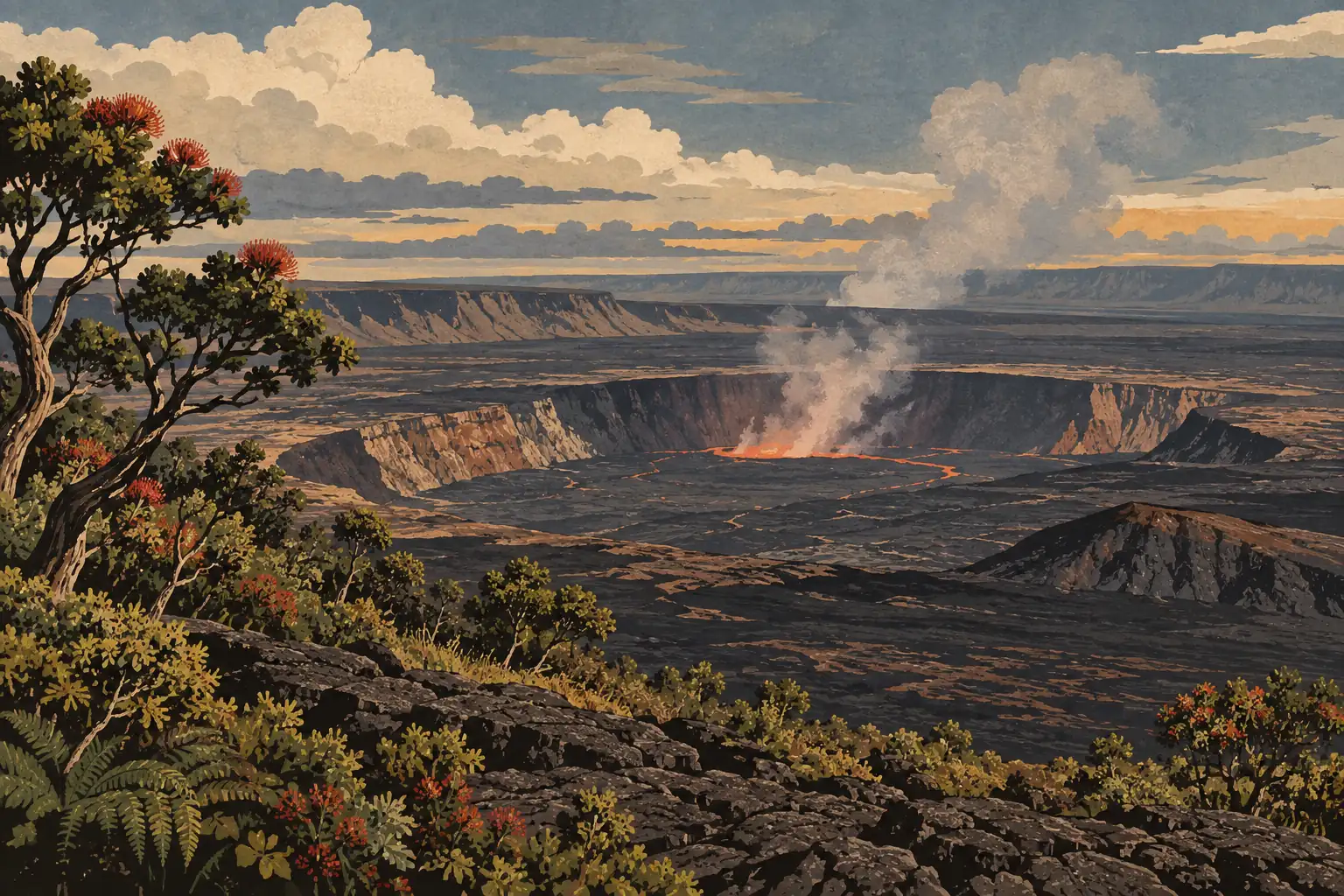 Vue sur la caldeira du Kīlauea, avec lave rougeoyante et panaches de fumée, encadrée de roches et d’arbres fleuris