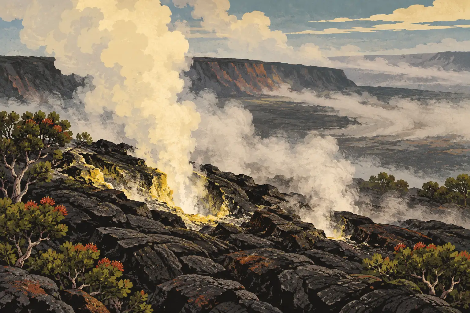 Panaches de vapeur s'élevant d'un champ de lave noire, entouré de roches volcaniques et d'arbustes fleuris