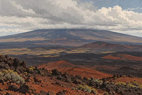 Vaste paysage volcanique aux coulées sombres et aux cônes rougeâtres, dominé par une montagne sous des nuages épais