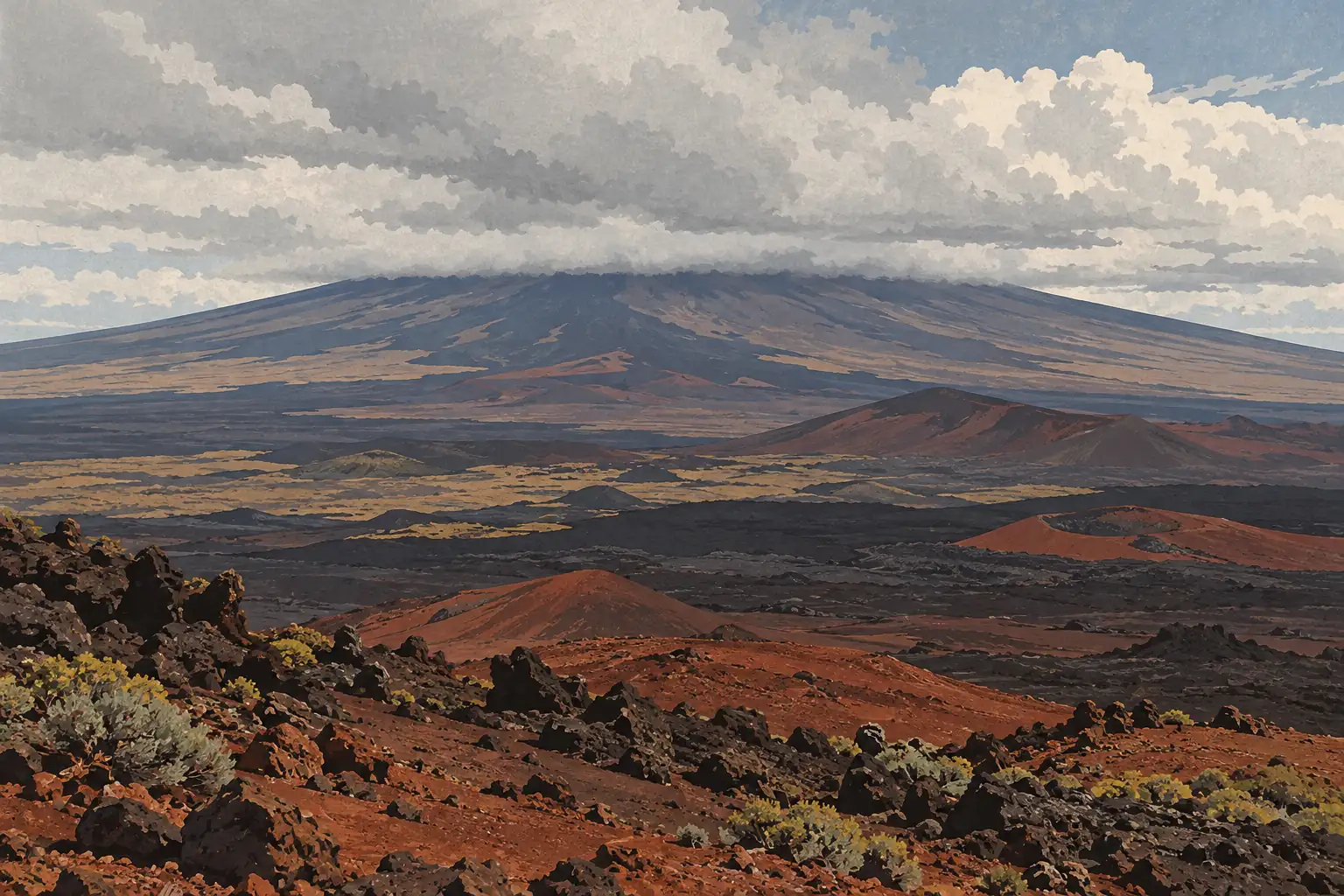 Vaste paysage volcanique aux coulées sombres et aux cônes rougeâtres, dominé par une montagne sous des nuages épais
