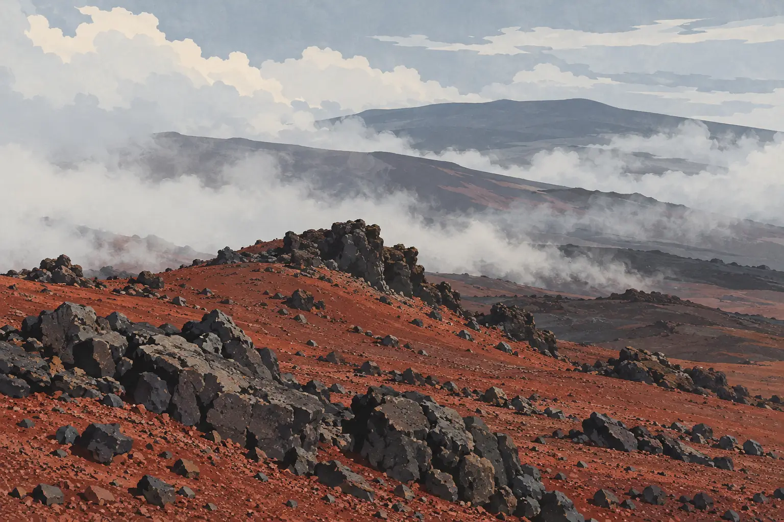 Pentes volcaniques rougeâtres parsemées de rochers sombres, avec des nuages bas entre les reliefs et un ciel voilé