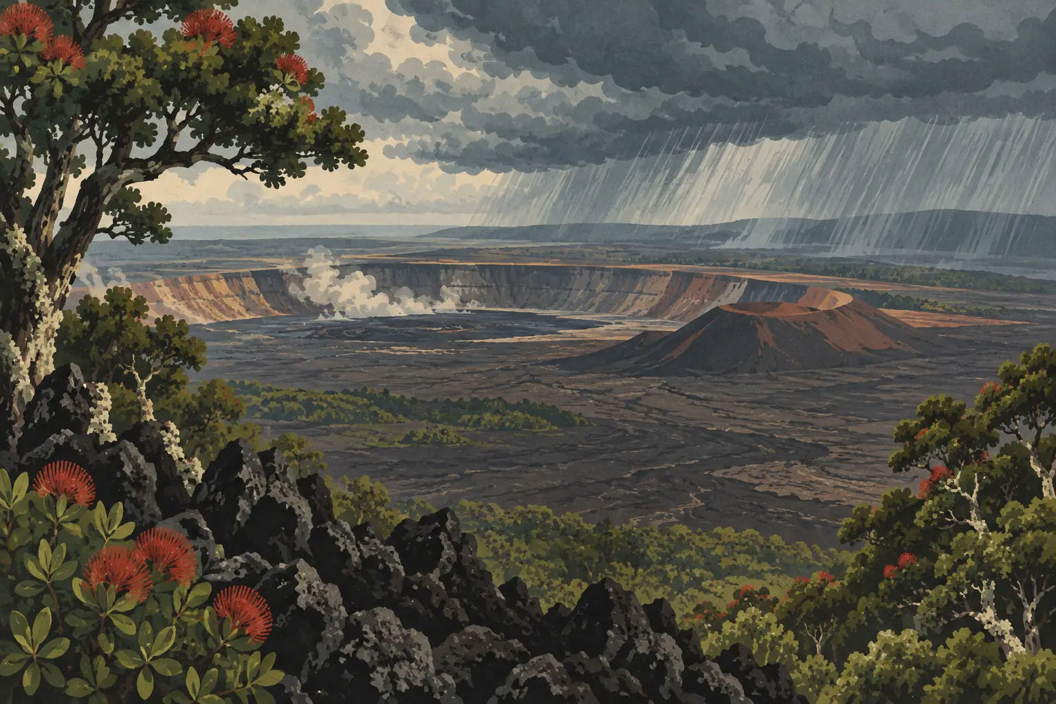 A dark volcanic crater beneath heavy rain, framed by black lava rocks, leafy trees, and red blossoms