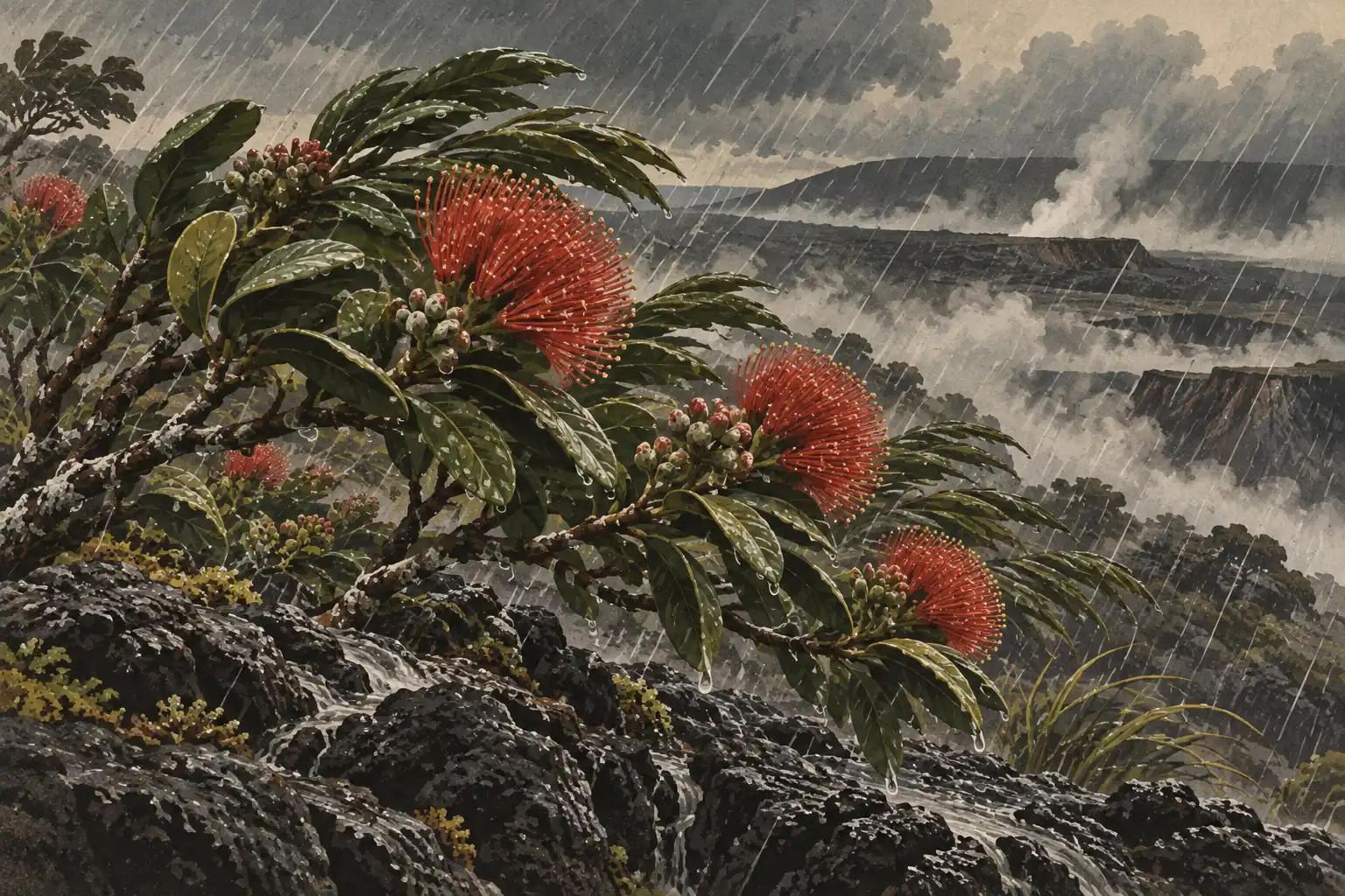 Red blossoms and rain-soaked foliage on volcanic rocks during heavy rain, with a steaming crater in the distance