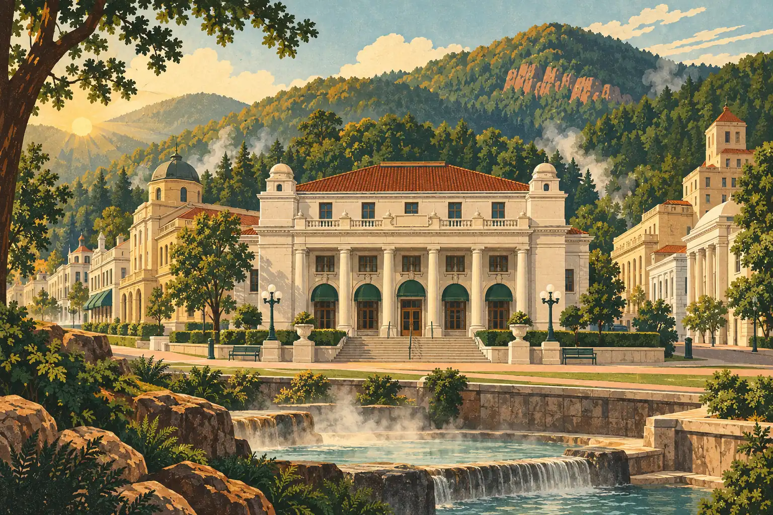 Columned bathhouse facing steaming pools, framed by leafy trees and forested mountains in the rising sun