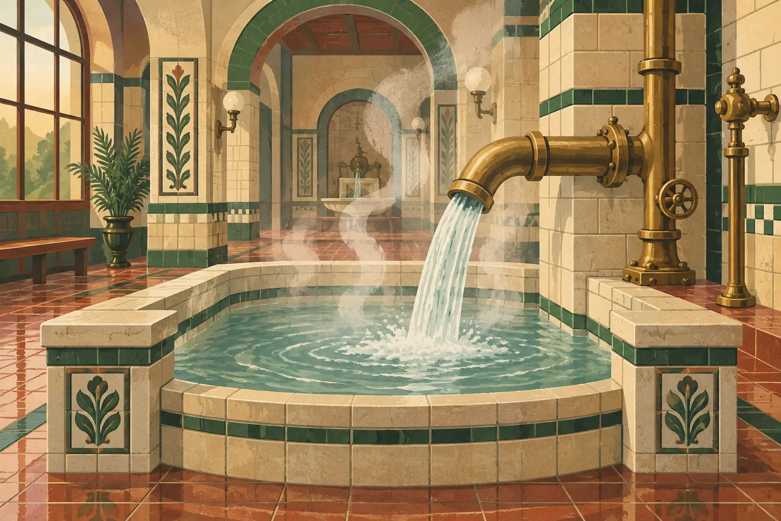 Tiled thermal pool fed by a large brass pipe in a vaulted hall with arched windows and botanical motifs