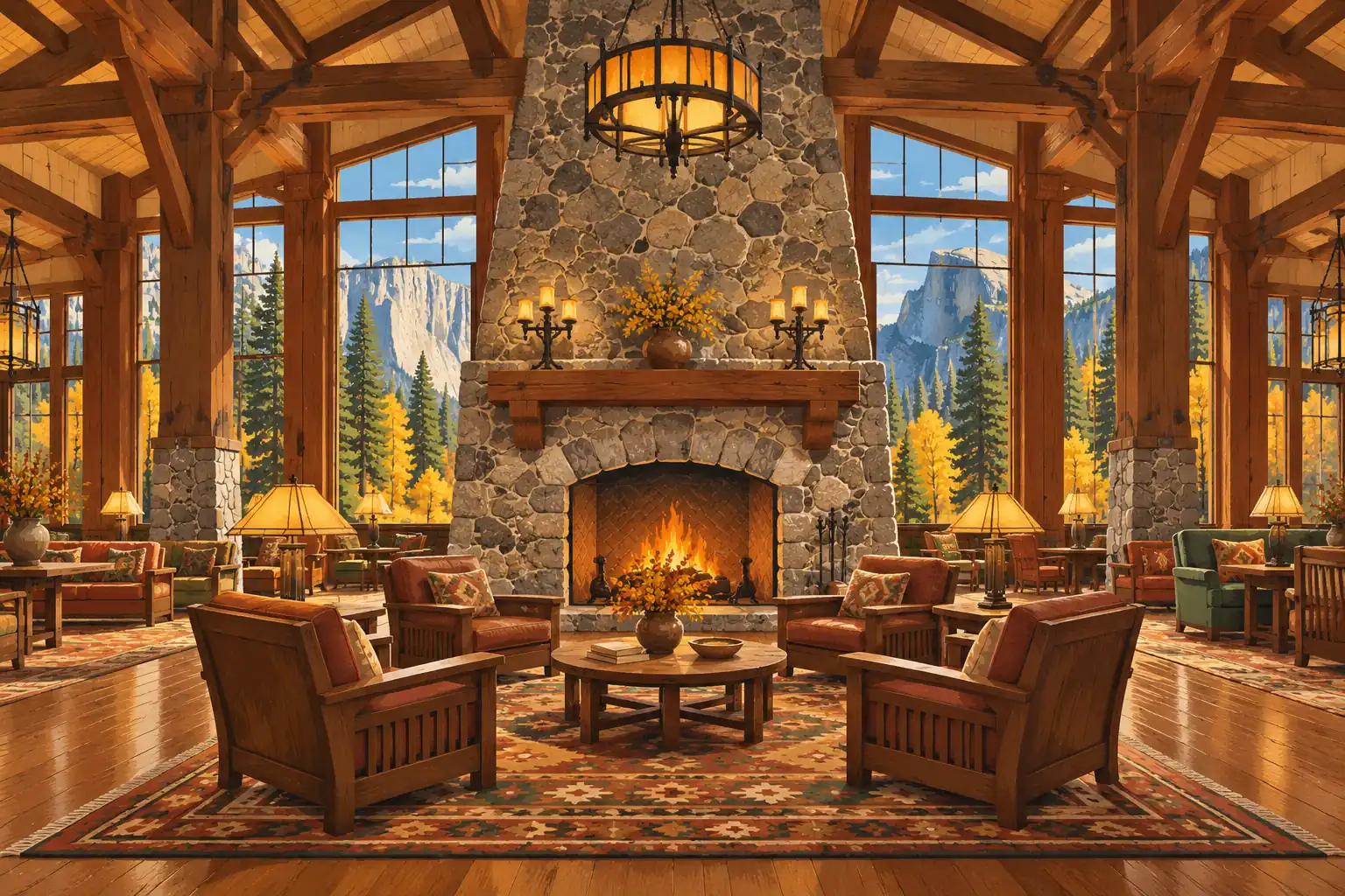 Salon aux poutres en bois, avec cheminée en pierre, fauteuils et grandes fenêtres donnant sur des montagnes et une forêt