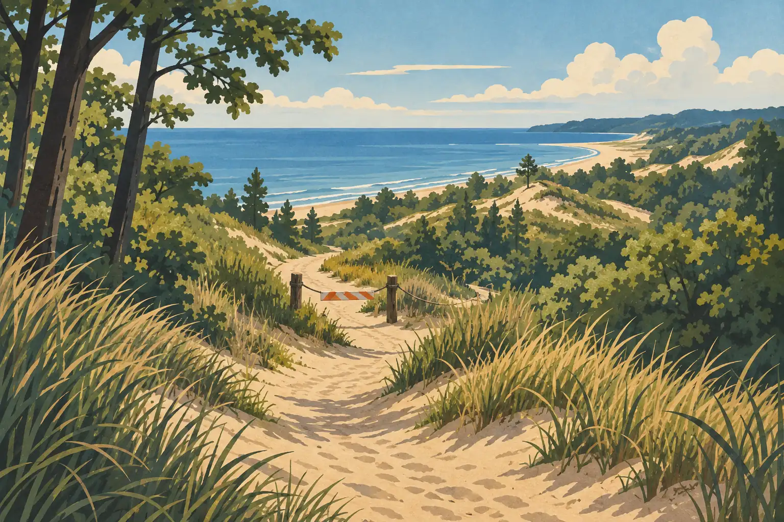 Blocked sandy trail winding through dune grasses and trees toward a broad beach, blue lake and large clouds