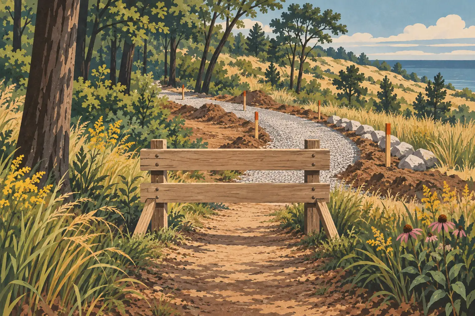 Wooden barrier blocks a forest trail under construction, winding through grassy dunes toward a lake in the distance