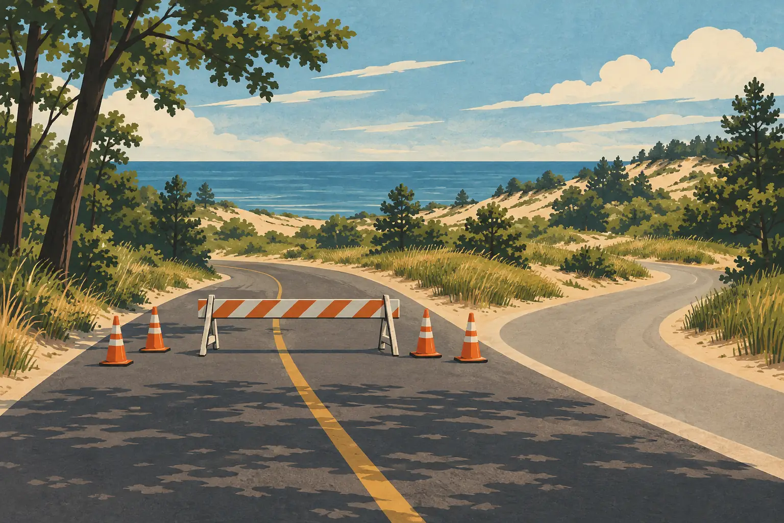 Traffic cones and a barrier block a road that branches onto a detour through wooded dunes overlooking the lake