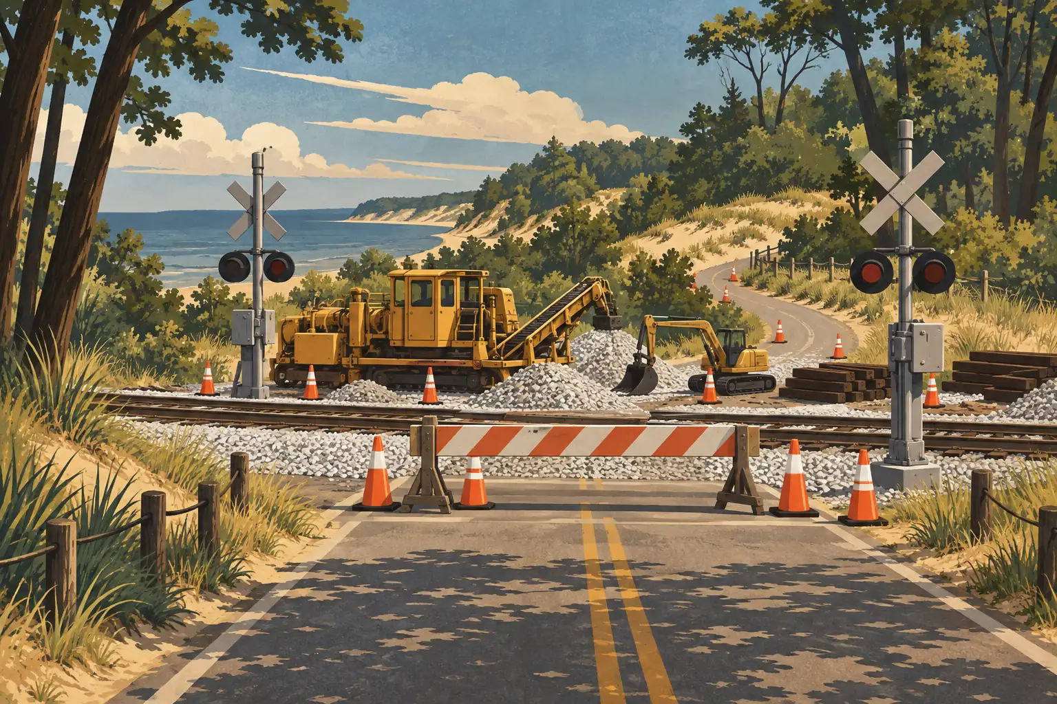 Road closed at a railroad crossing under construction, with machinery, cones, wooded dunes and a lake beyond