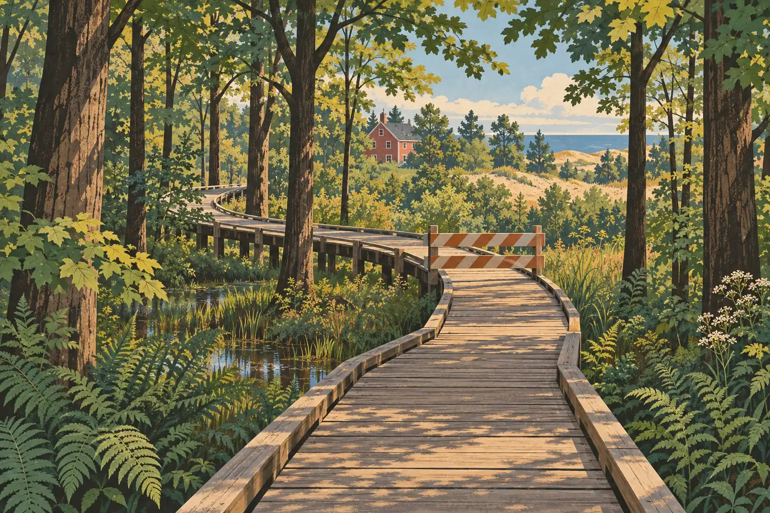 A barricaded wooden boardwalk winds through forest and marsh toward a red house, sandy dunes, and a lake