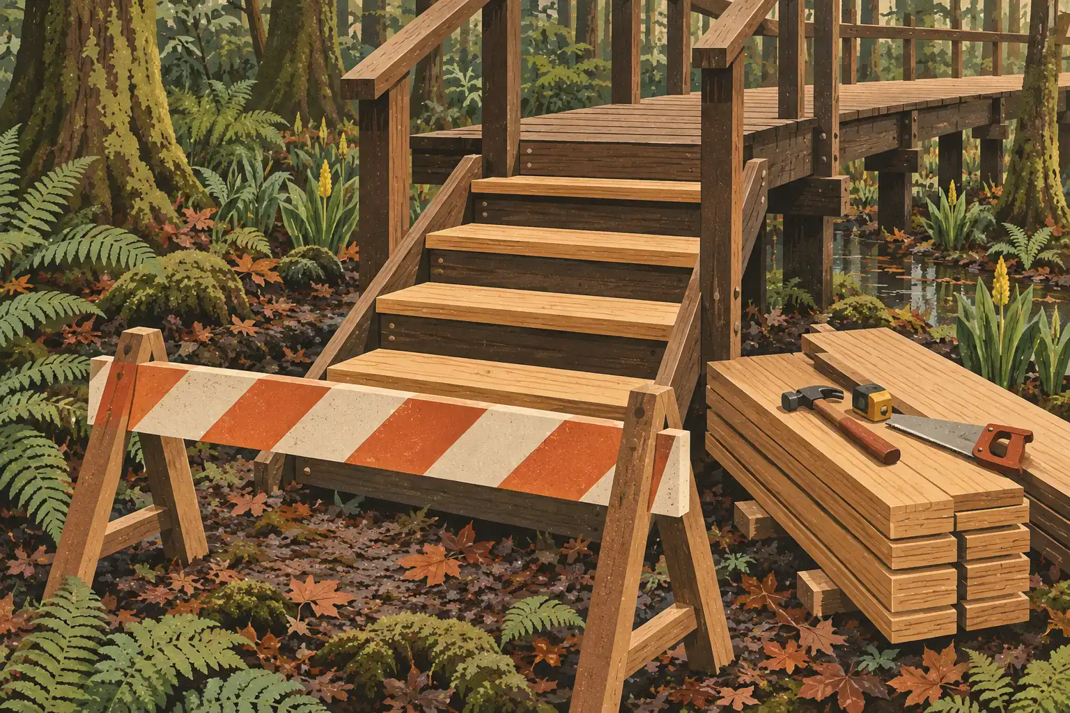 Forest boardwalk blocked before a staircase, with stacked lumber, a hammer, tape measure and hand saw
