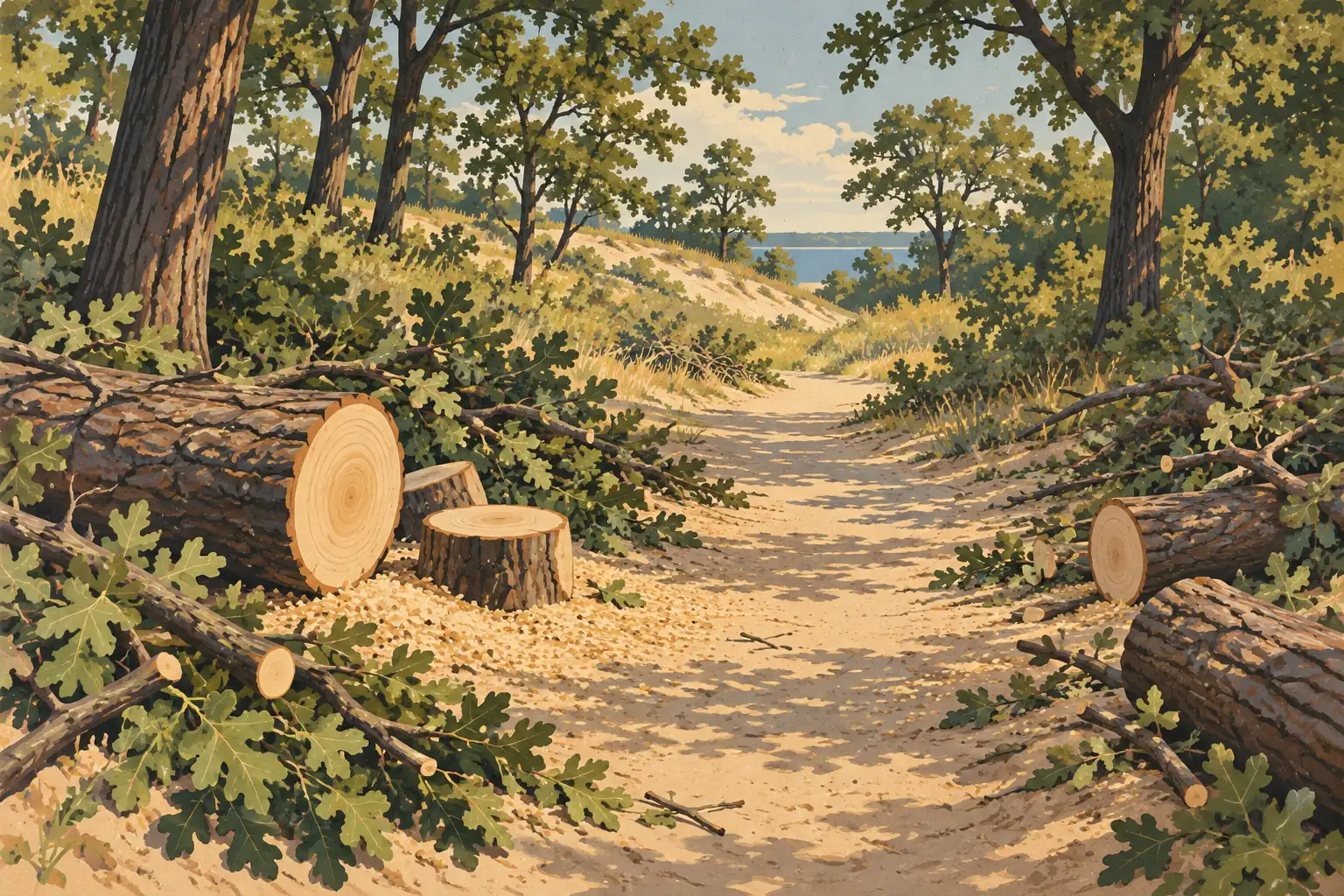 Sandiger Weg zwischen gefällten Stämmen, belaubten Ästen und Baumstümpfen durch bewaldete Dünen zu einem See