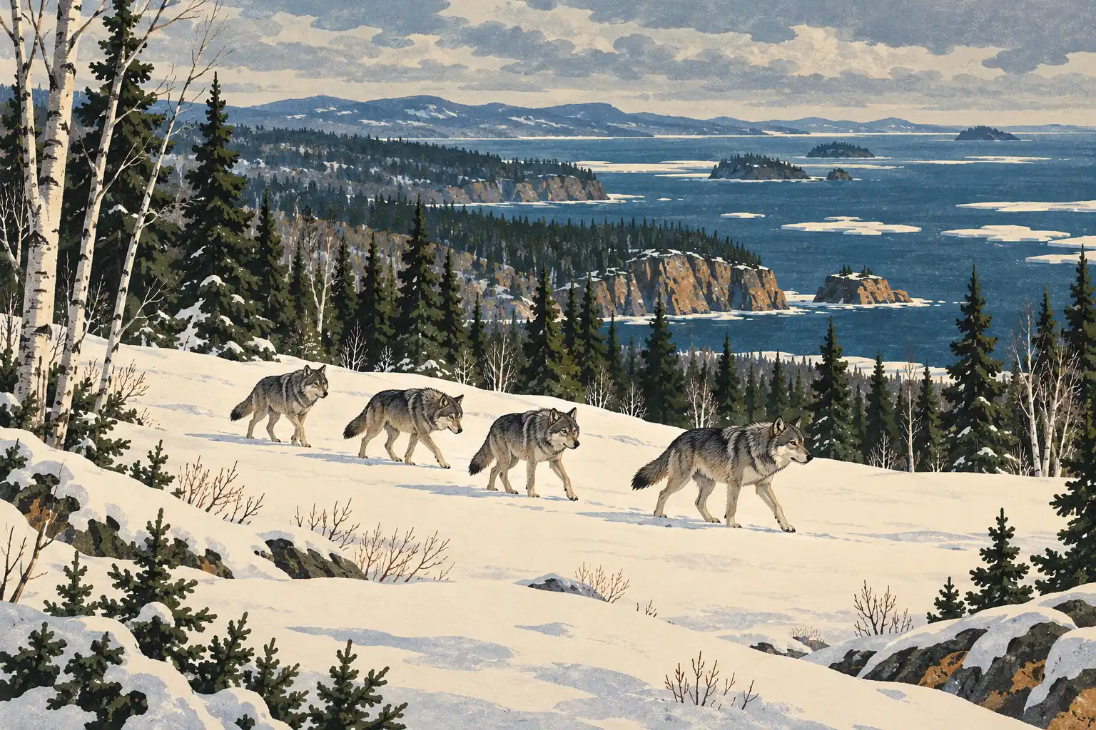 Four wolves cross a snowy slope among evergreen trees above a vast lake dotted with islands and drifting ice