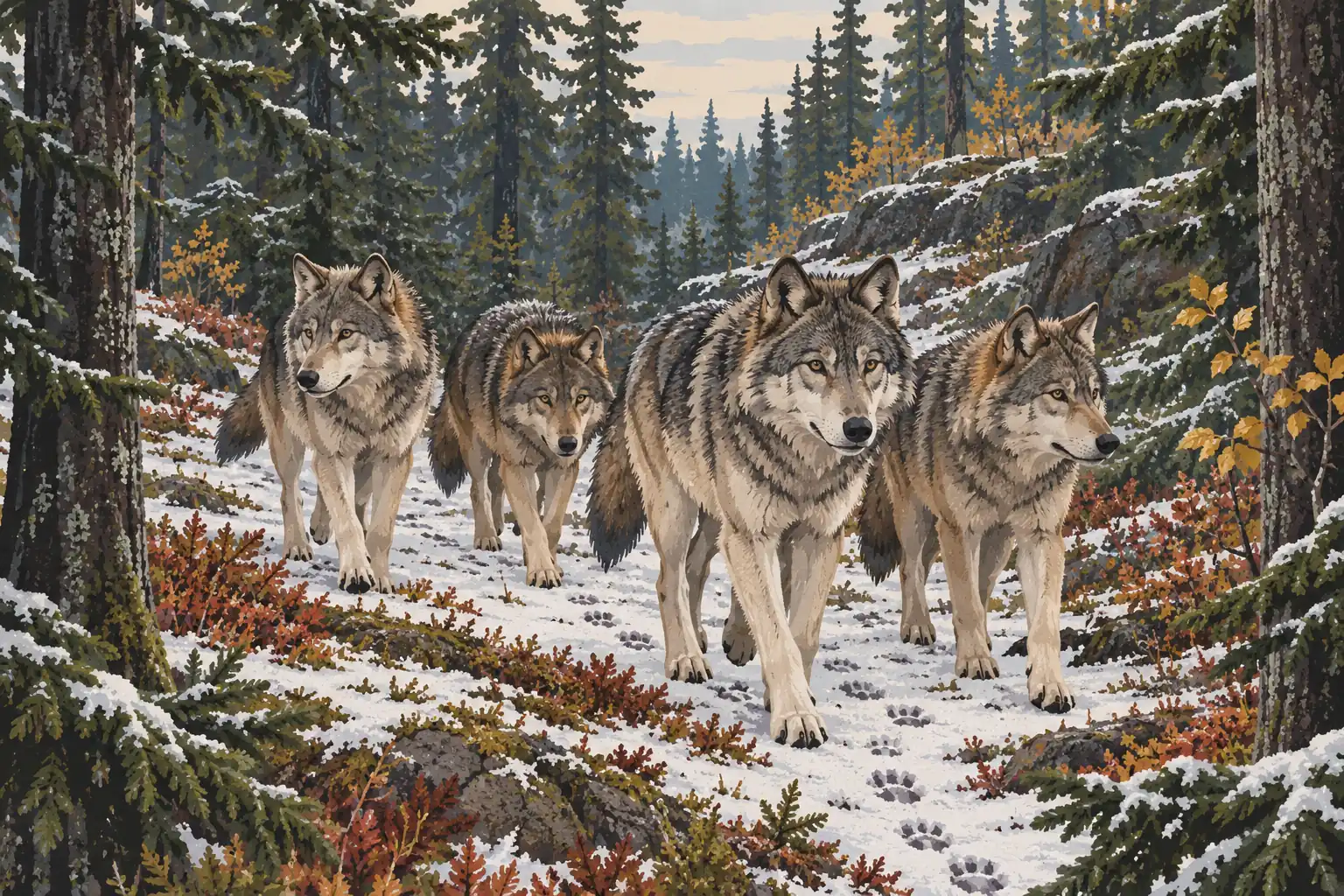 Four wolves walk along a snowy trail among evergreen trees, rocky outcrops, and patches of autumn foliage