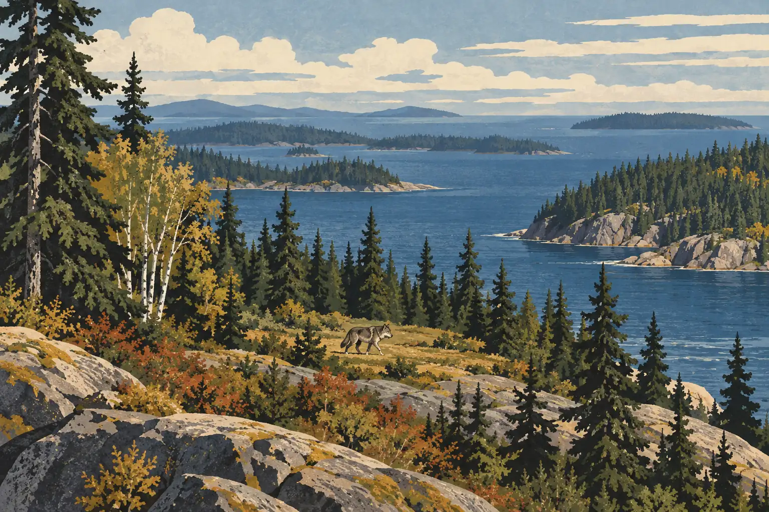 Un loup traverse une clairière rocheuse bordée de conifères et de bouleaux dorés, face à un vaste lac parsemé d’îles