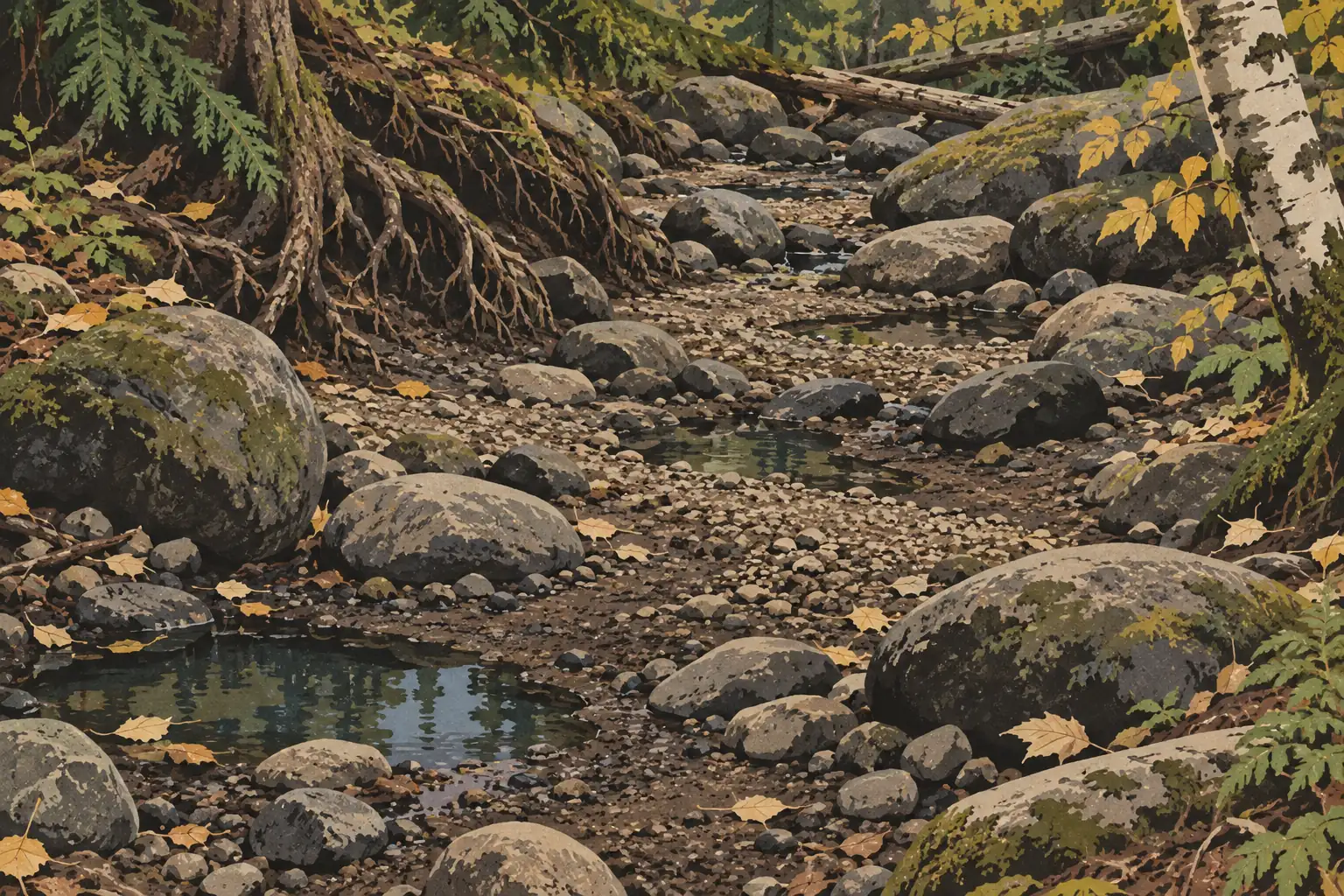 Fast trockener Bach im Wald mit flachen Wasserstellen, Kieseln, großen moosigen Felsen, freiliegenden Wurzeln und Herbstlaub