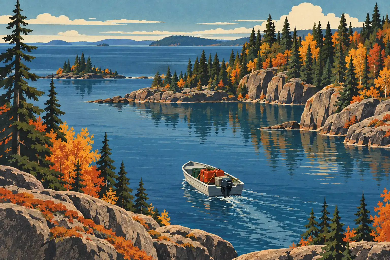 A motorboat carrying several canisters crosses a blue lake bordered by rocky cliffs and forests in vivid autumn colors