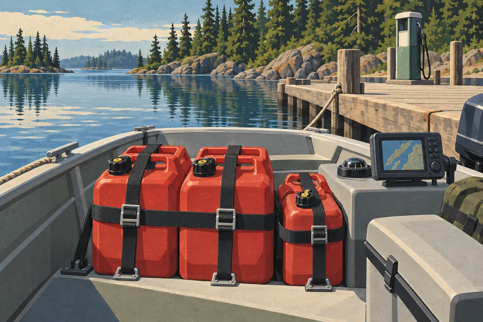 Three red fuel cans strapped inside a boat moored at a dock, with a fuel pump, forest and calm water