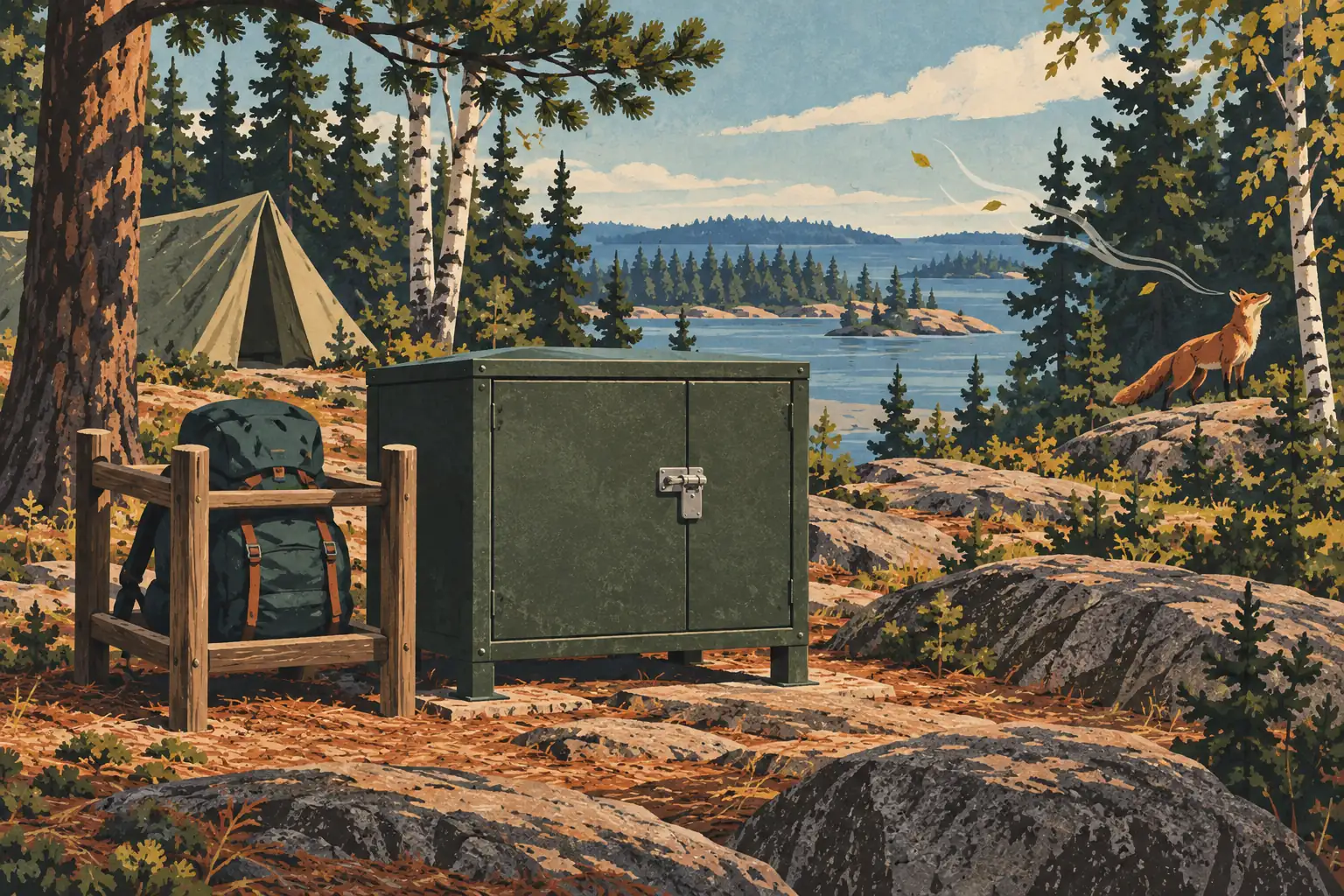 Un sac à dos sur un support en bois près d’un coffre verrouillé, avec une tente, un renard, la forêt et un lac au loin