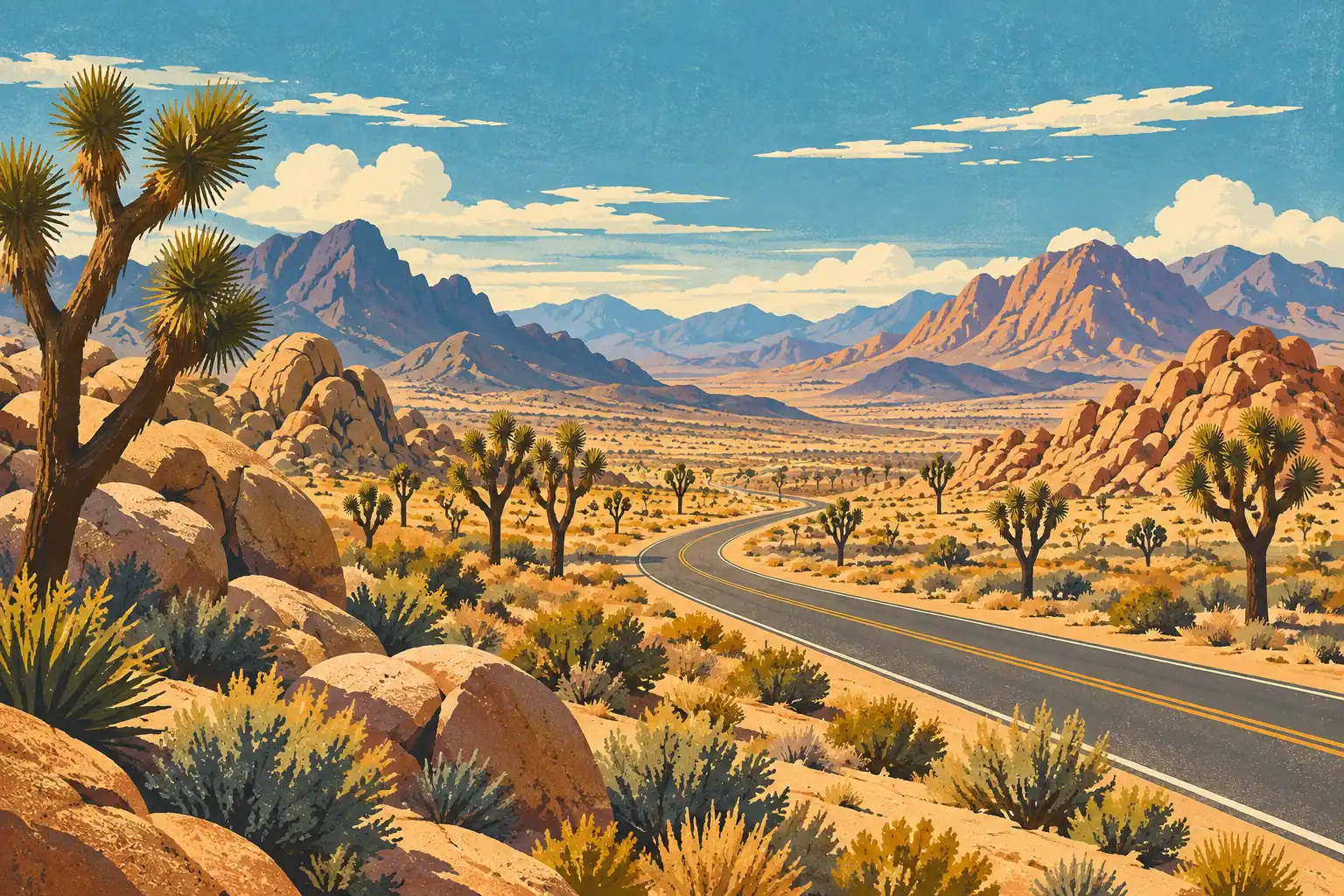 A winding road crosses a rocky desert dotted with Joshua trees, with tall mountains beneath a cloud-filled blue sky