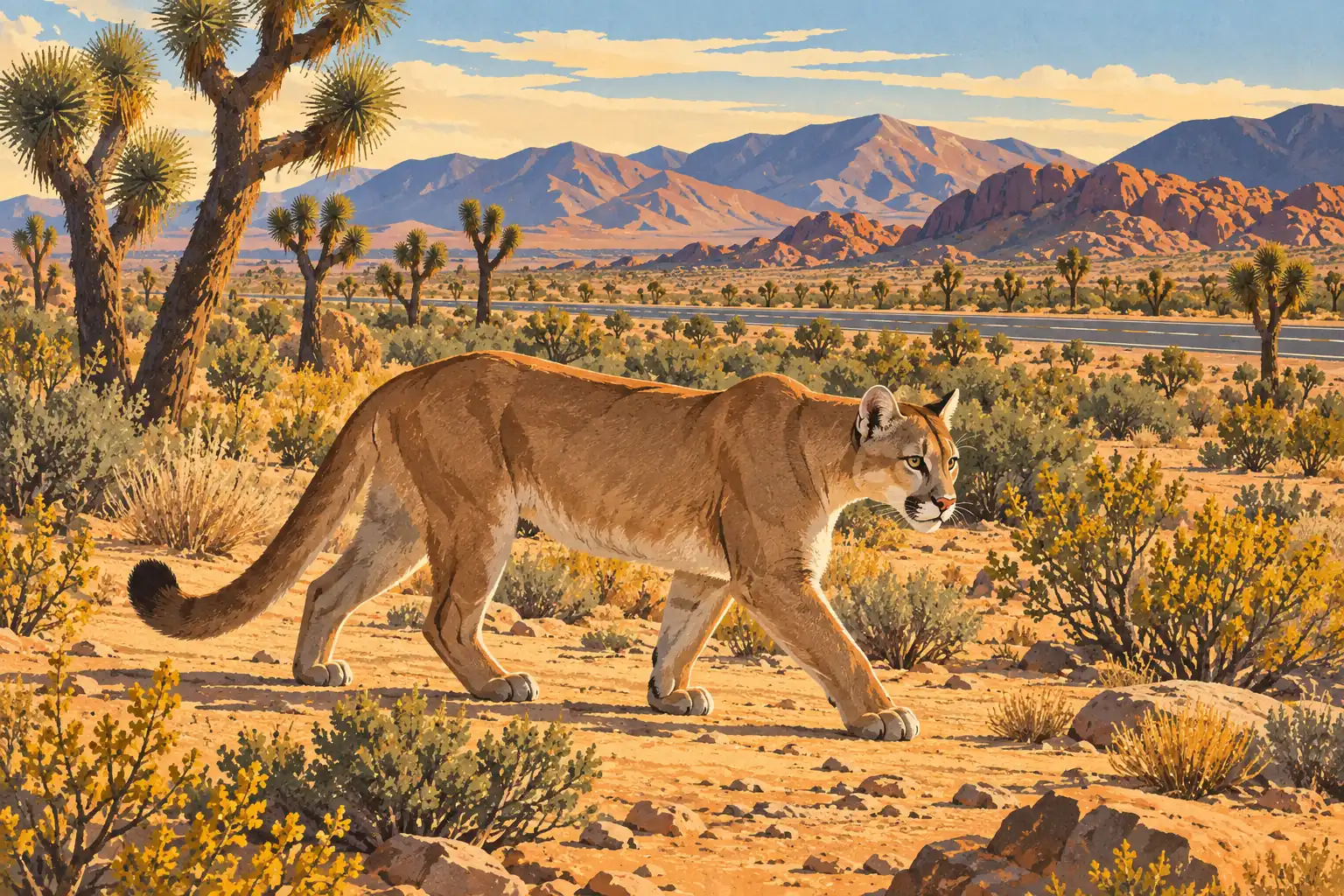A cougar walks across a yucca-dotted desert, with a highway, red rock formations and mountains in the background