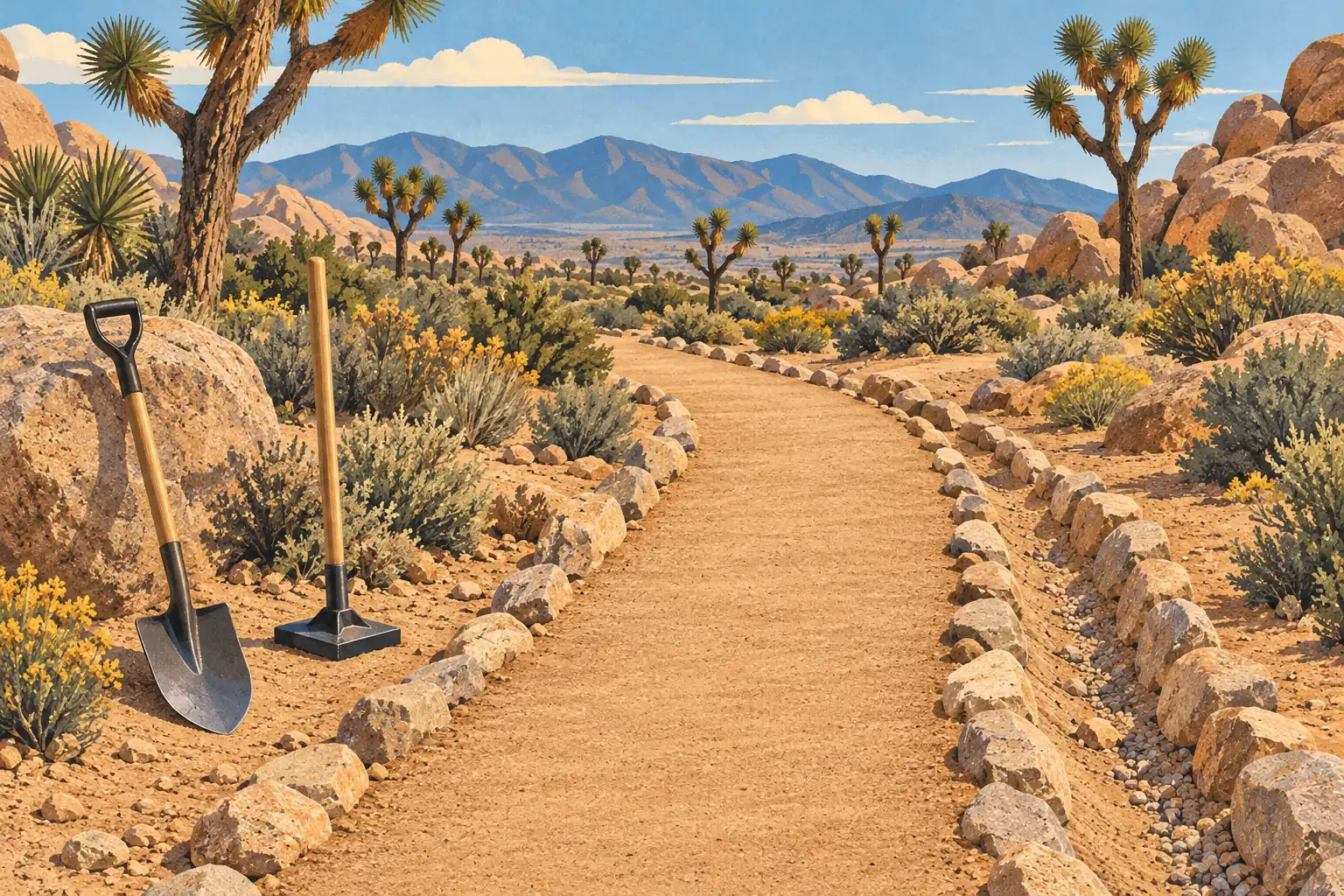 Sentier désertique bordé de pierres, avec une pelle et une masse près de rochers, parmi les yuccas et les montagnes