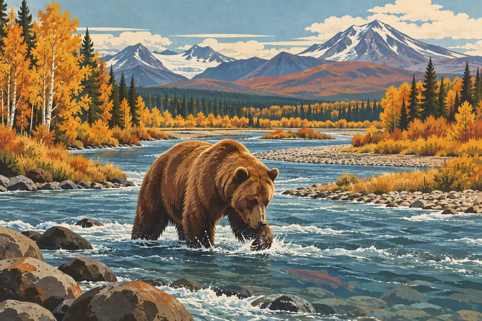 A brown bear wades through a rocky river amid autumn forests, with tall snow-covered mountains rising in the distance