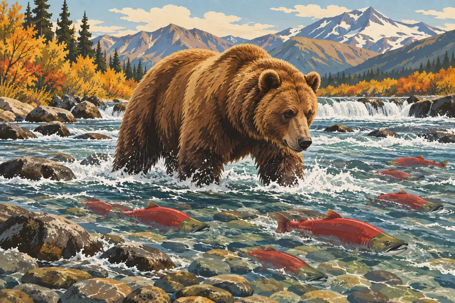 A grizzly wades through a rushing river among red salmon, backed by autumn forest and snow-streaked mountains
