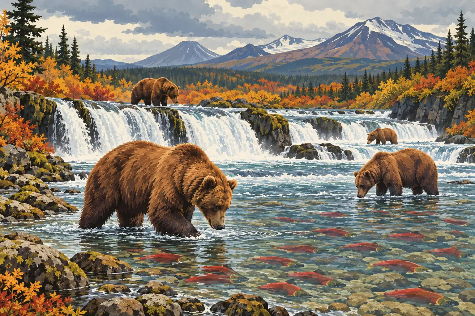 Four brown bears fish for red salmon in a cascading river, with snowy mountains and autumn forest in the background