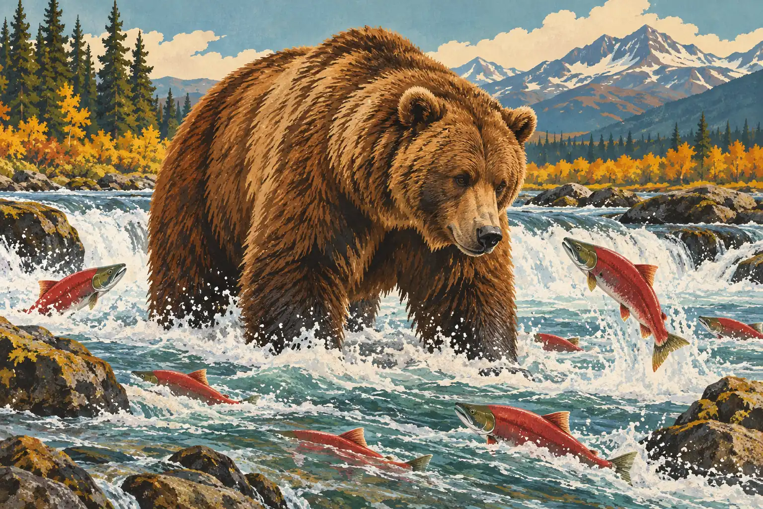 A large brown bear wades through a rushing river among leaping salmon, backed by golden trees and snow-covered mountains