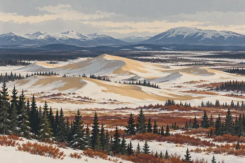 Dunes de sable partiellement enneigées, entourées de conifères et de buissons roux, devant des montagnes sous un ciel nuageux