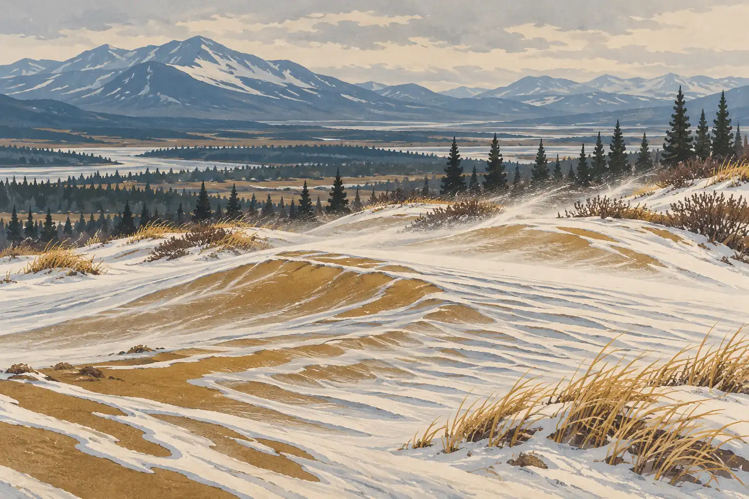 Dunes de sable couvertes de neige, herbes dorées et conifères devant une vallée et des montagnes sous un ciel nuageux