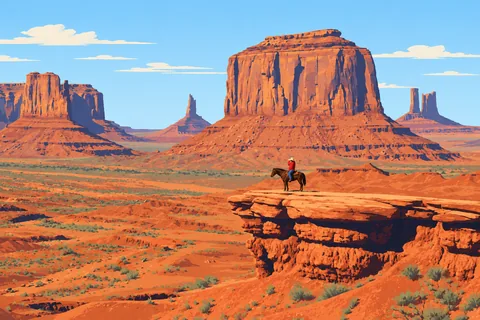 Un cavalier en chemise rouge sur un cheval brun domine les mesas de Monument Valley depuis un promontoire rocheux