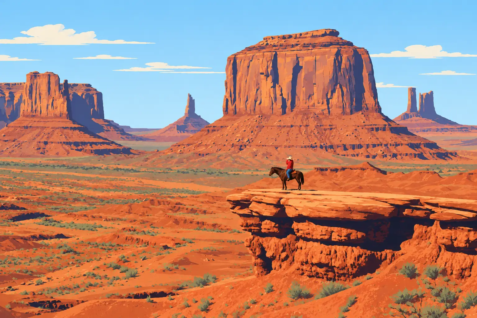 Un cavalier en chemise rouge sur un cheval brun domine les mesas de Monument Valley depuis un promontoire rocheux