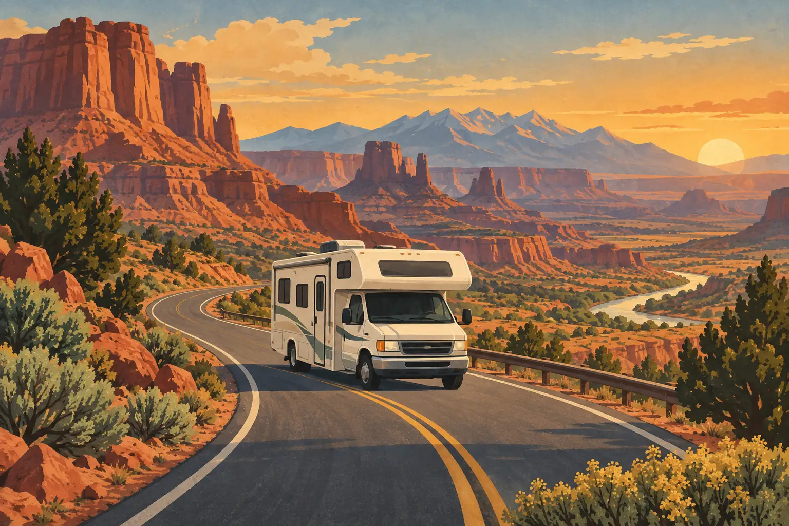 A motorhome drives along a winding road through red canyons, with distant mountains, a river and the setting sun
