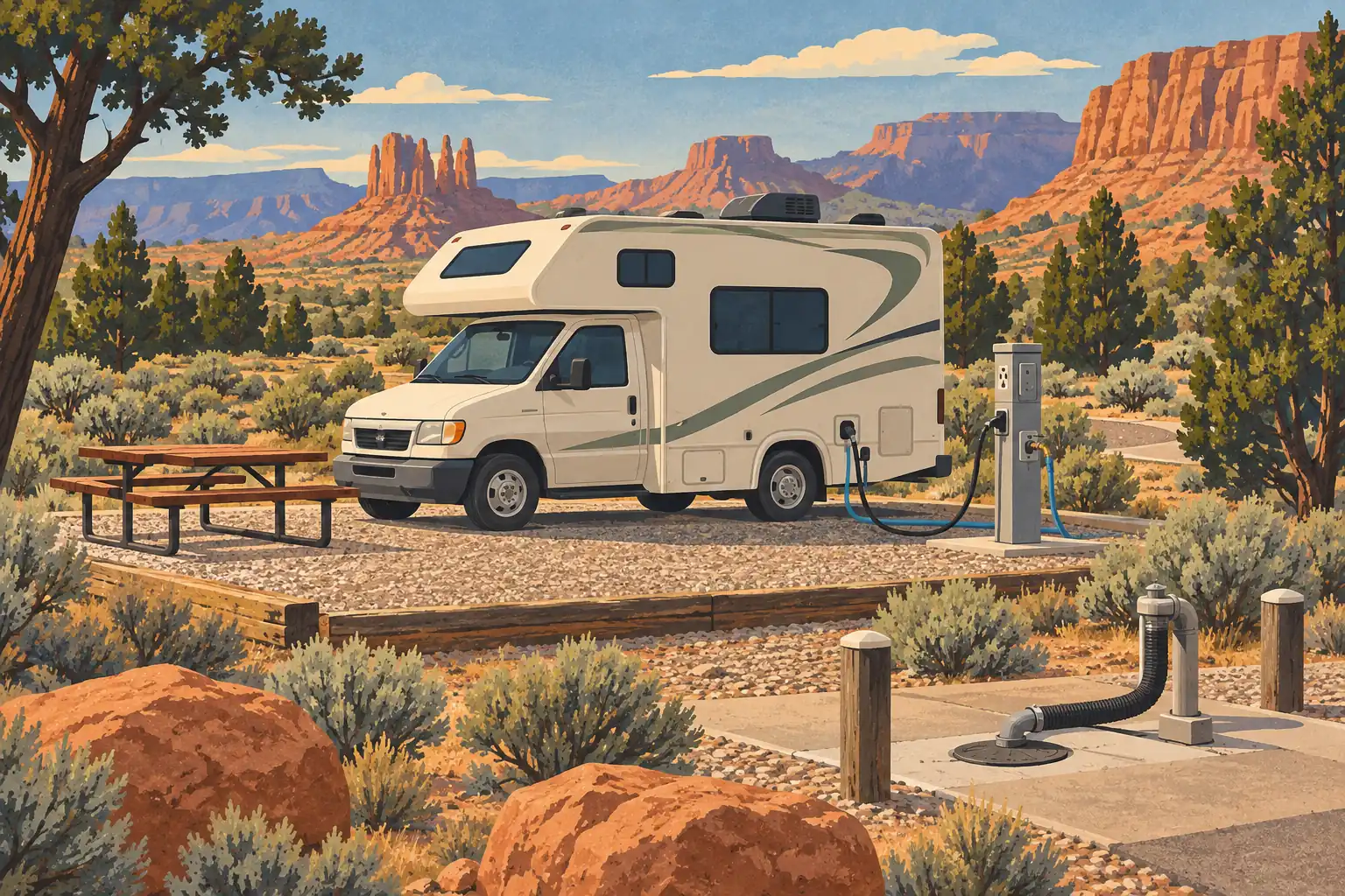 Beige motorhome connected to a utility pedestal at a desert campsite, with a picnic table, shrubs and red cliffs