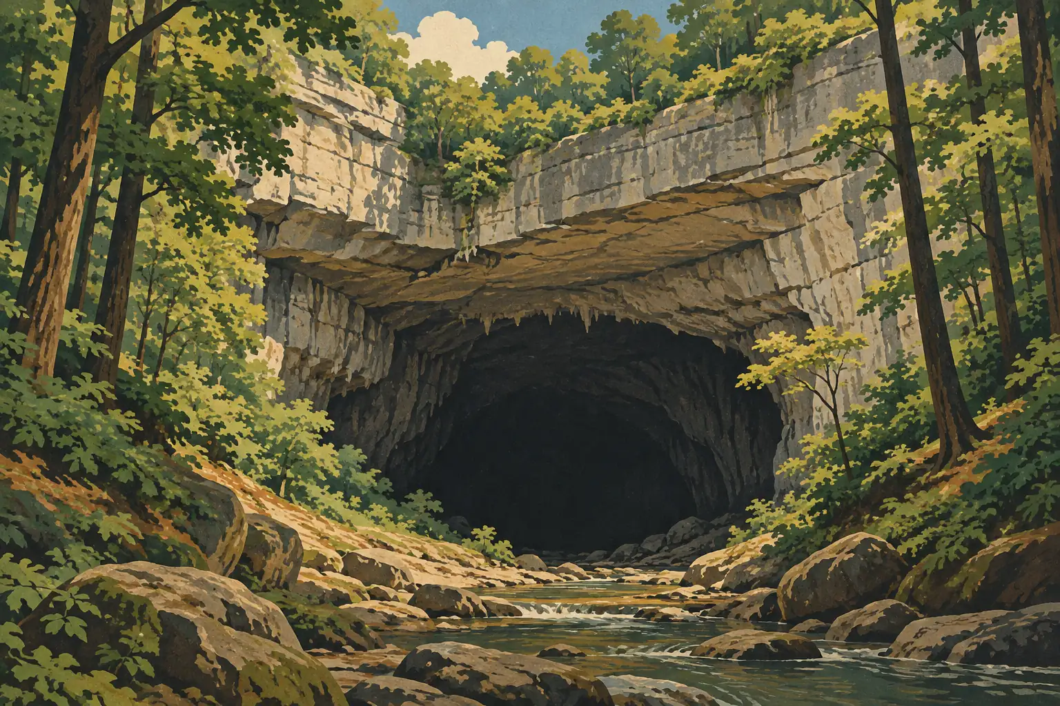 Grande entrée de grotte sous des falaises calcaires, entourée d’une forêt dense et traversée par un ruisseau rocheux