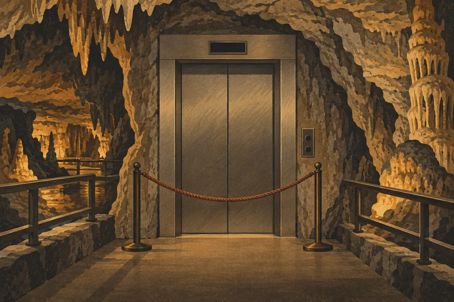 Ascenseur fermé dans une grotte, entouré de stalactites, de concrétions rocheuses, de garde-corps et d’une corde rouge