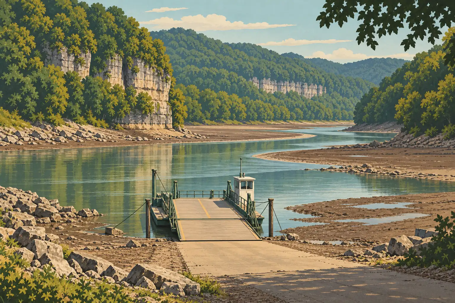 Bac à l'arrêt au bout d'une rampe, sur une rivière très basse bordée de bancs de vase, de falaises et de collines boisées