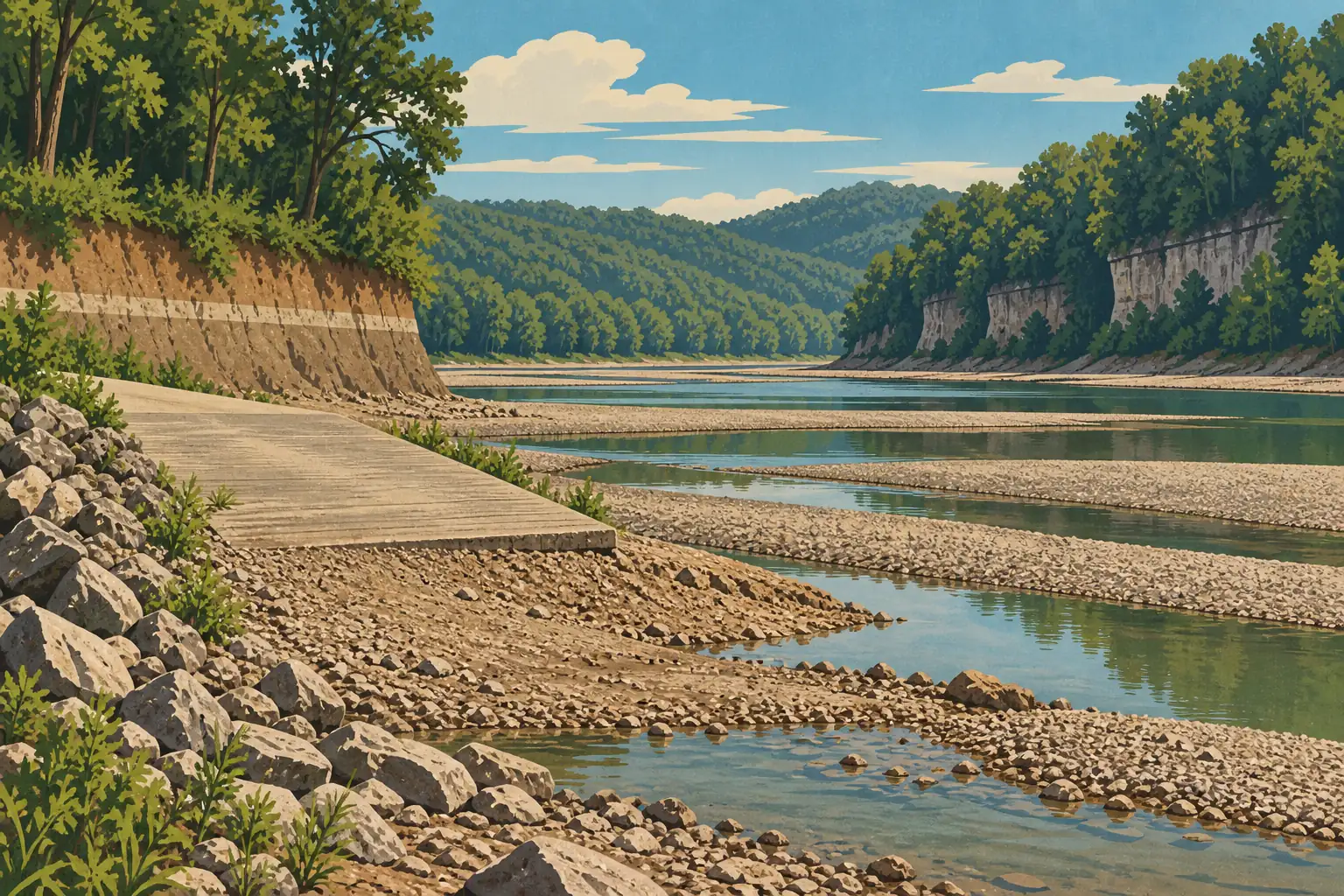 Rivière très basse entre des bancs de gravier, avec une rampe en béton, des falaises boisées et des collines au loin