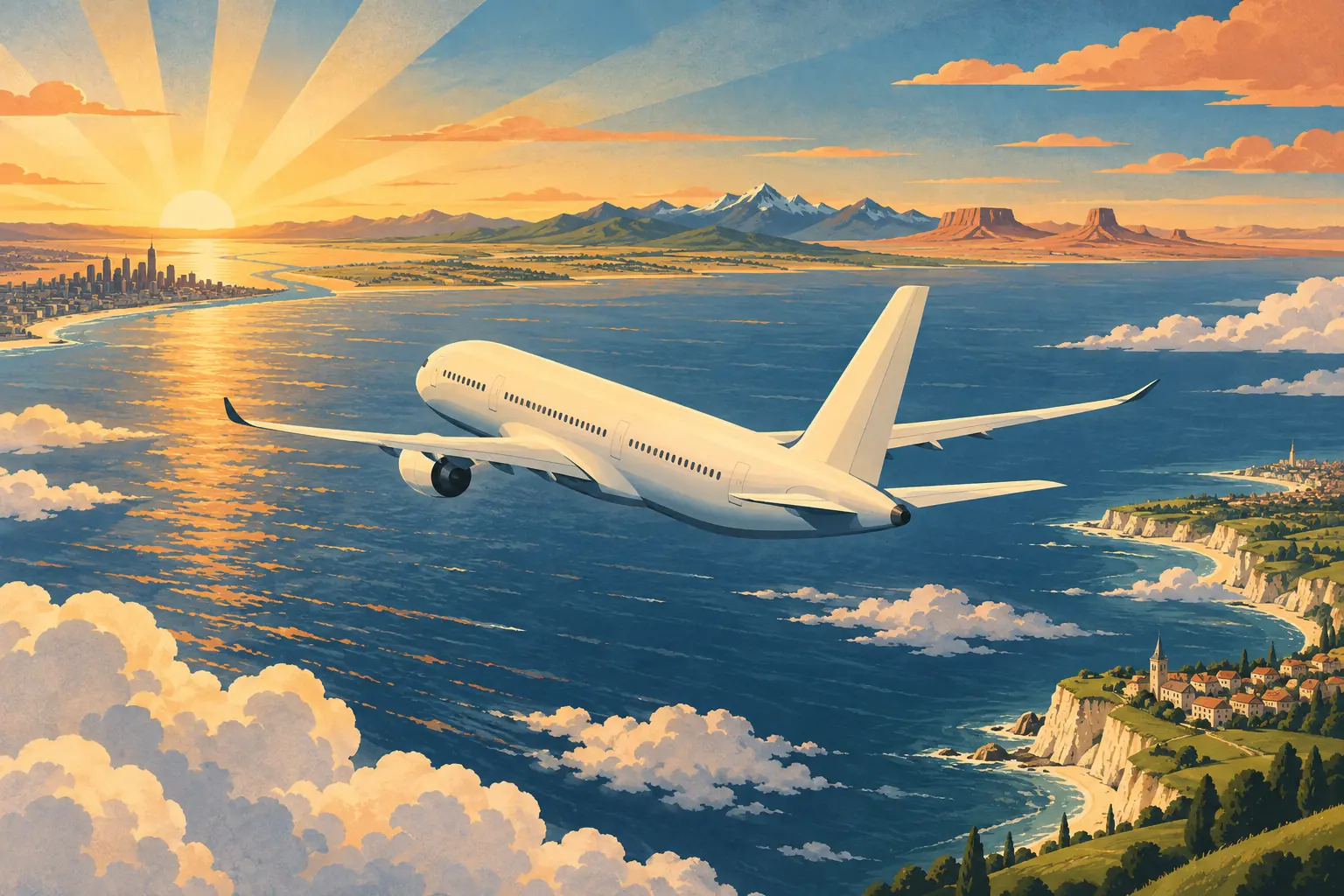 Un avion de ligne blanc survole l’océan au coucher du soleil, entre une ville côtière, des montagnes et des falaises