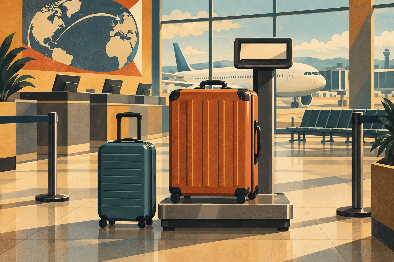 Deux valises devant un comptoir d’enregistrement, avec un avion visible à travers les baies vitrées de l’aéroport