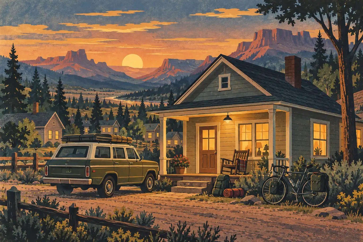 Casa iluminada al atardecer, con un coche cargado, bicicleta de viaje y mochila, ante montañas y un bosque
