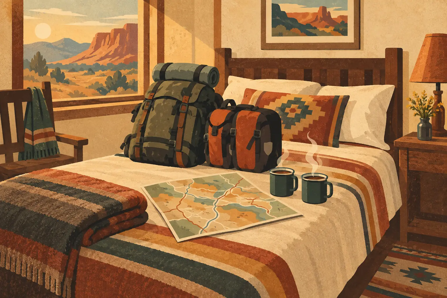 Dos mochilas, un mapa y dos tazas humeantes descansan sobre una cama junto a una ventana con vistas al desierto