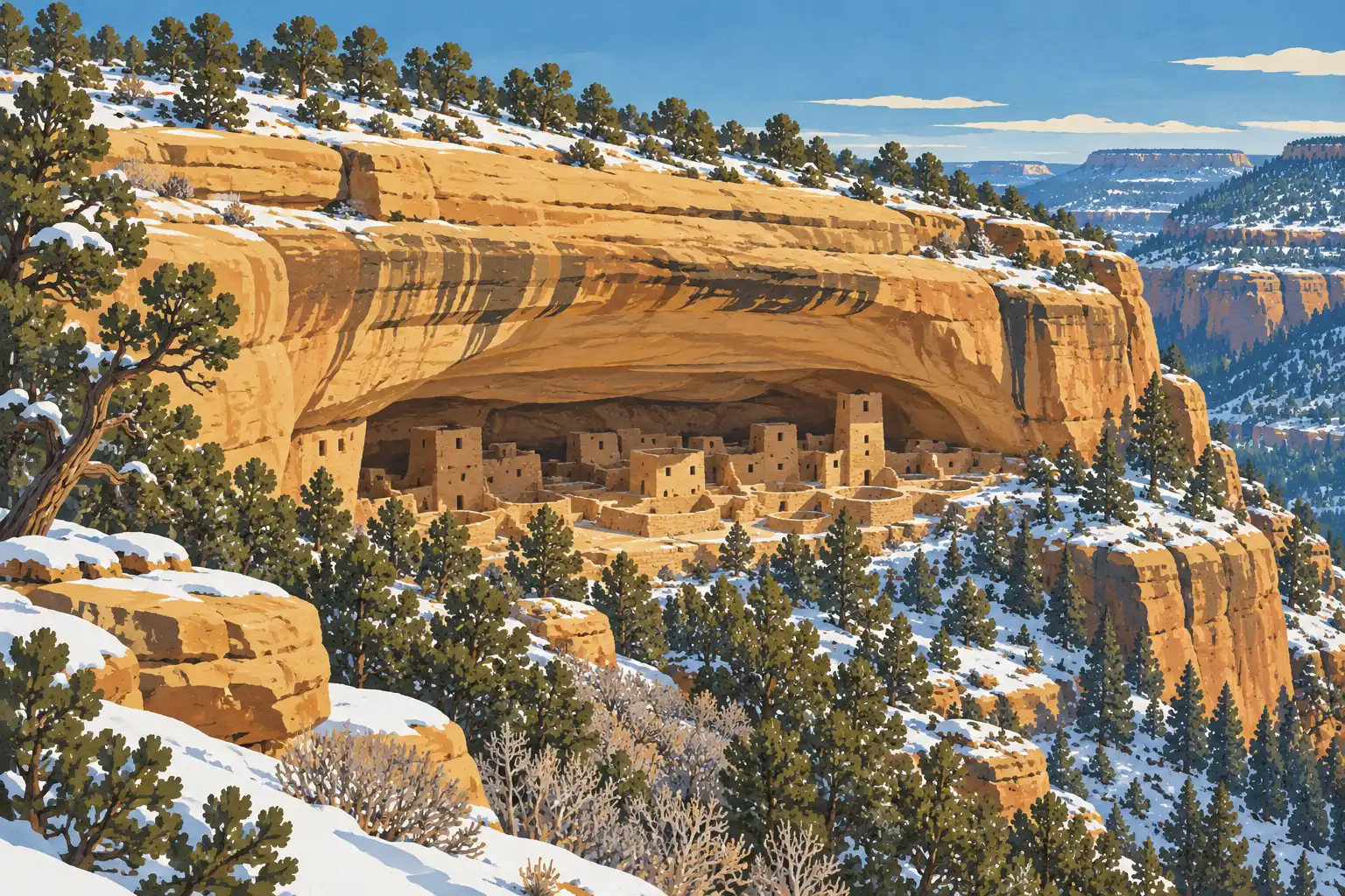 Des habitations en pierre sous une vaste falaise ocre, entourées de pins et de neige, dominent un canyon sous un ciel bleu