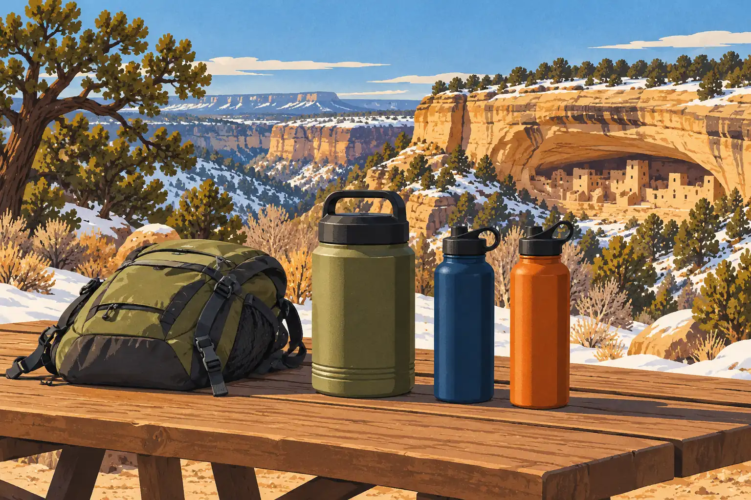 Un sac à dos et trois gourdes sur une table de pique-nique, devant un canyon enneigé et des habitations sous une falaise