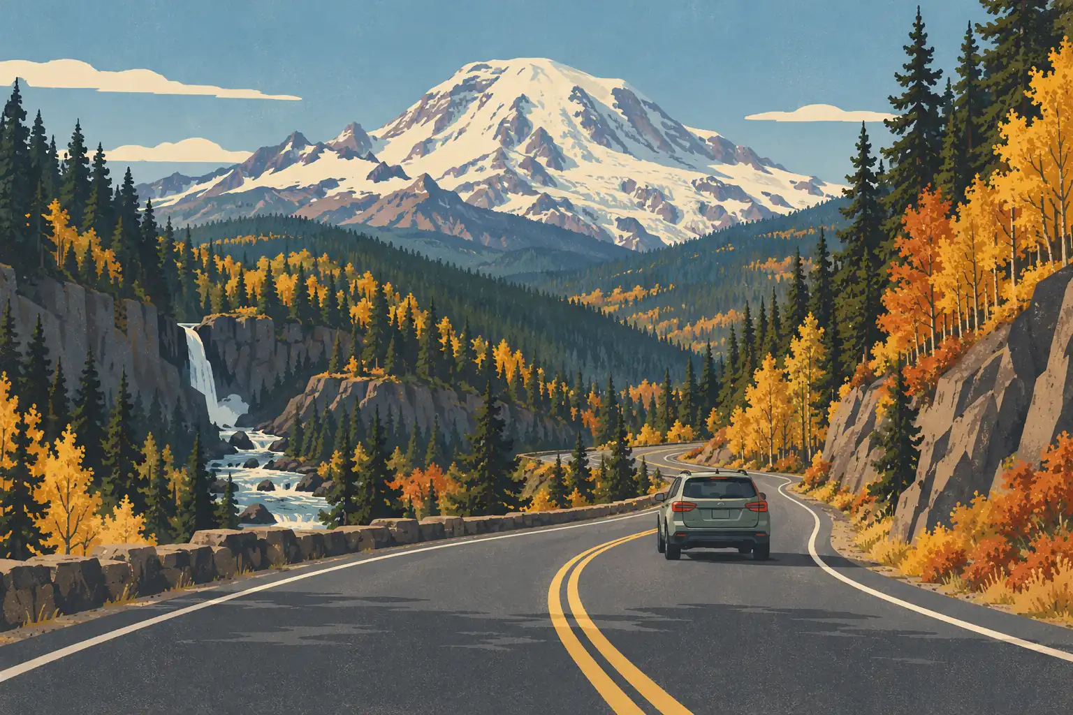 Ein Auto fährt auf einer kurvigen Straße durch herbstliche Bäume zum verschneiten Mount Rainier und einem Wasserfall